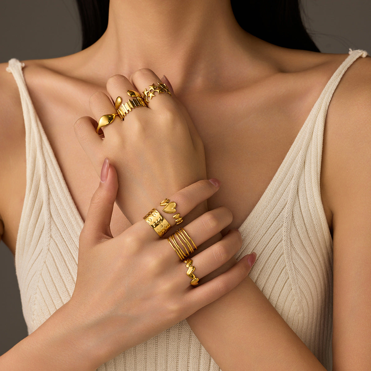 "18K Gold Geometric Asymmetric Open Titanium Steel Ring"