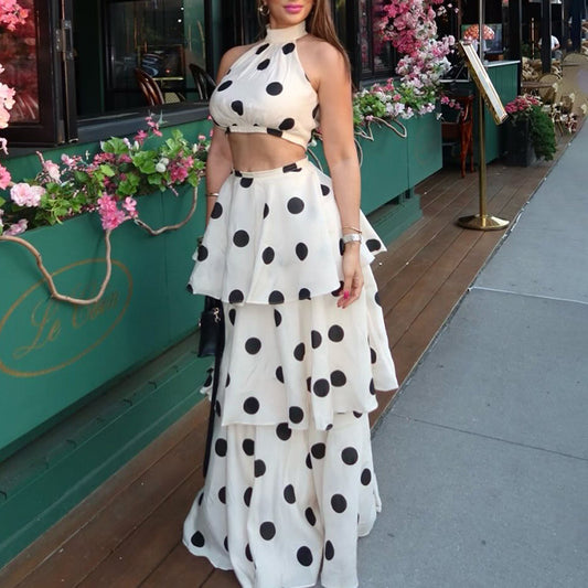 White Slim fit polka dot crop top and maxi skirt combination