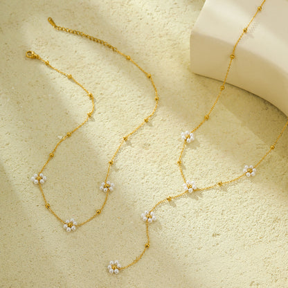 "Stainless Steel Pearl Floral Tassel Necklace – Non-Fading Jewelry"