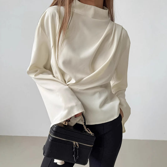 "French Chiffon Bell Sleeve Pleated Split Top"