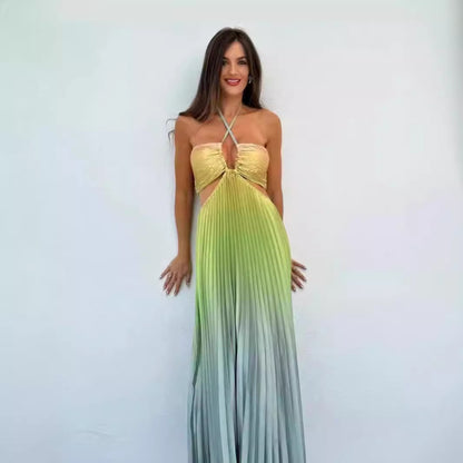 Summer Gradient Color Halter Pleated Long Dress