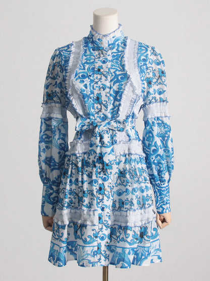 Short Dress Stand-up Collar  Lace up