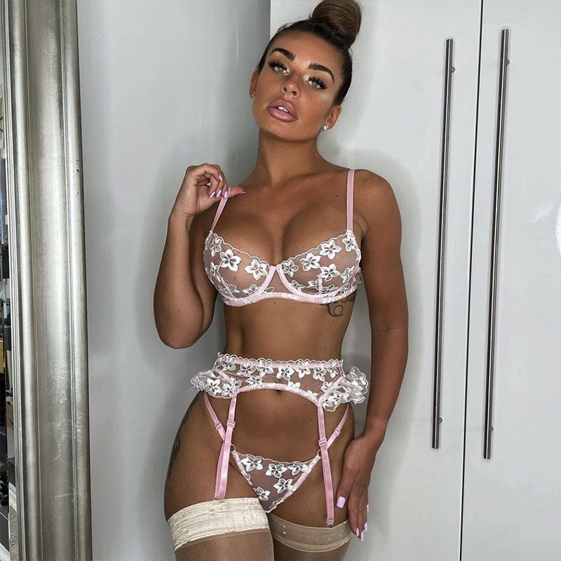 Embroidery Mesh Ultra-Thin with Steel Ring Breathable Bra Three-Piece Set