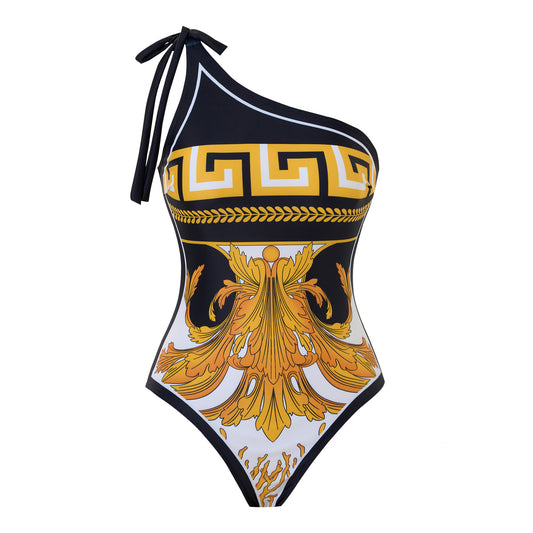 Triangle Shoulder Polyester Printed Swimsuit