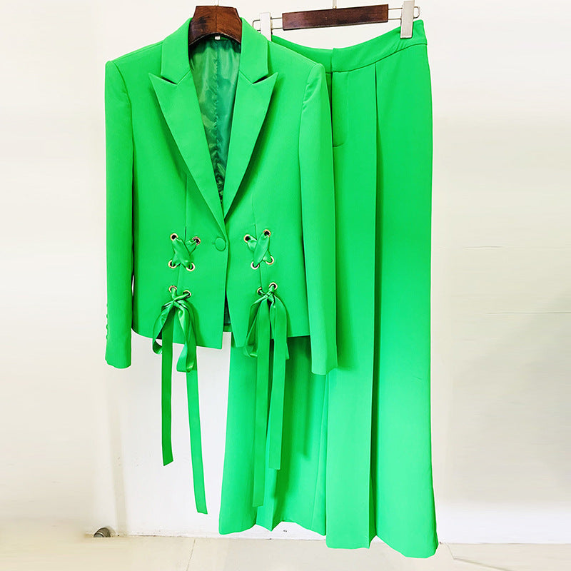 Star Ribbon Tie Blazer & Wide Leg Pant Set