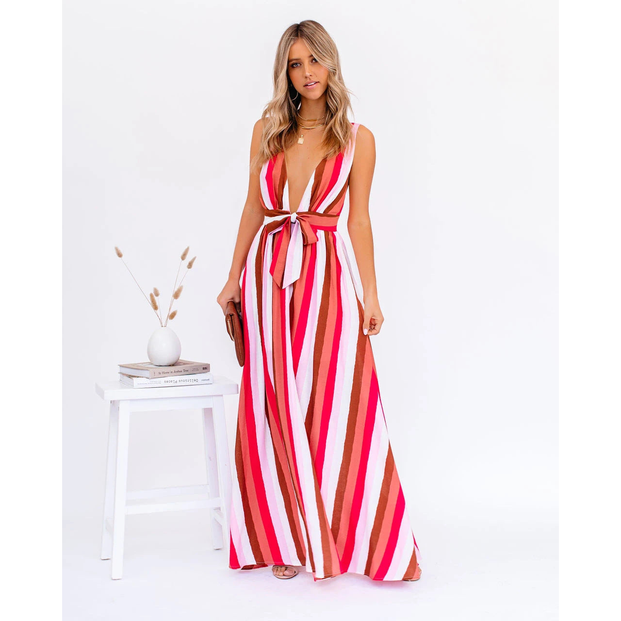 Deep V Plunge Striped Casual Dress  Loose