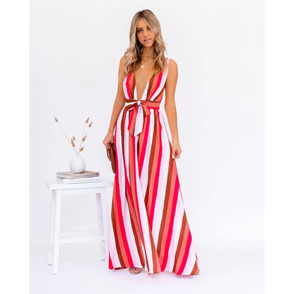 Deep V Plunge Striped Casual Dress  Loose